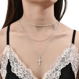 Yienate Fashion Cross Multi-Layered Necklace Chain Choker Lucky Cross Pendant Silver Necklace Charming Layered Jewellery Gift for Women and Girls