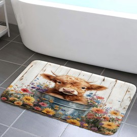 Cow Bath Mat, Farmhouse Rustic Floral Funny Highland Cow Bath Mat, Western Cute Calf Country Farm Animal Non-Slip Flannel Soft Doormat Floor Entryways Outdoor Indoor Front Door Mat, 17X29