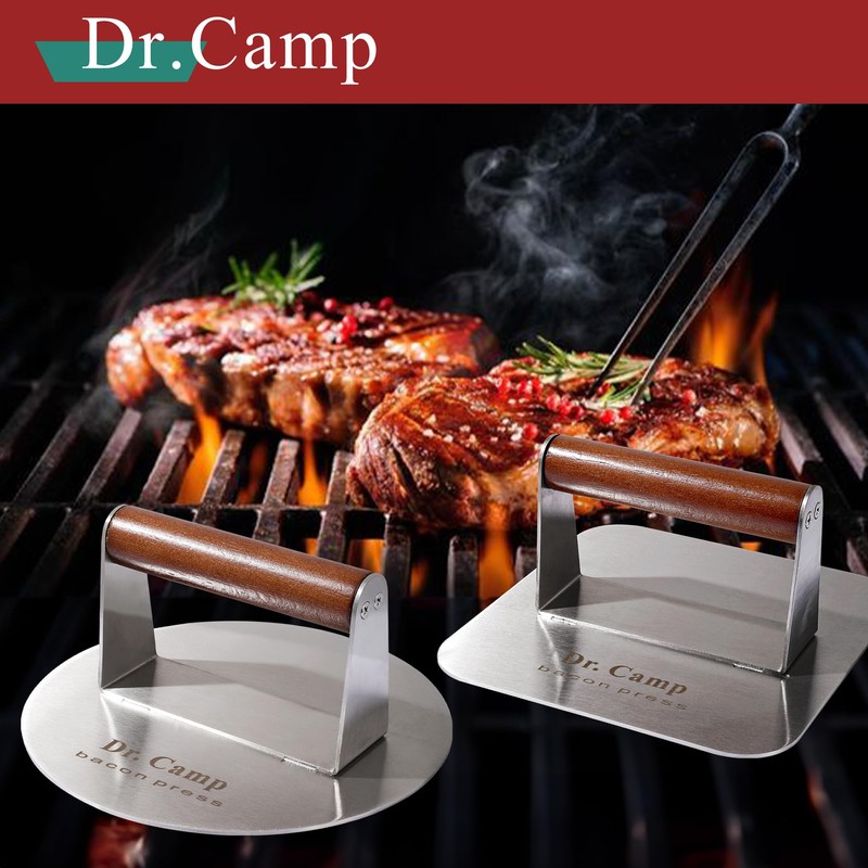 Dr.Camp 2 Pack Stainless Steel Burger Press with Real Wood