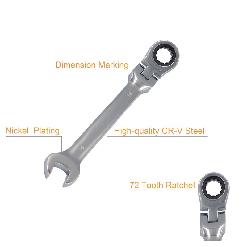 cSeao 7mm Flex-Head Ratcheting Combination Wrench 72-Teeth, Cr-V Constructed, Chrome