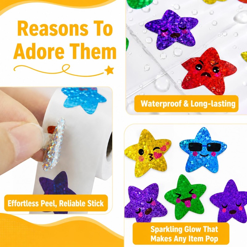 500 Pcs Glitter Star Stickers Roll, Smiley Reward Stickers for