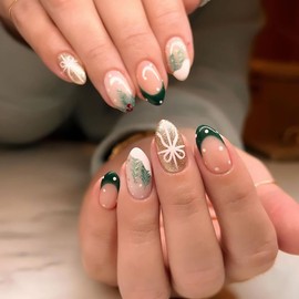 24Pcs Christmas French Tip Press on Nails Short Almond Fake Nails with Design Winter Glue on Nails White Bow Xmas Acrylic Nails Christmas Tree Full Cover Cute False Nails for Women Girls