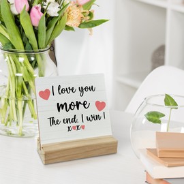 FUGWN Love Sign Desk Decor, Love You More Sign Wood Desk Sign, I Love You Gifts for Her Him Girlfriend, I Love You More the End I Win Wooden Plaque with Wood Stand for Home Office Table Decor