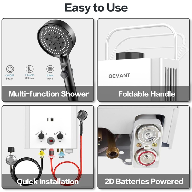 OEVANT Propane Water Heater, 1.58GPM 6L Portable Tankless Water Heater