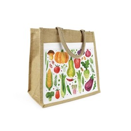 Watercolour Vegetables Jute Shopping Bag - Fun Food Themed Gift for Veggie Lovers - Eco Friendly Reusable Shopper Bag with Front Pocket Present