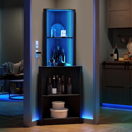 YITAHOME Corner Shelf Stand with Led Light, 5 Tier Corner Bookshelf and Bookcase, Wooden Open Corner Cabinet Display Storage Rack for Bedroom,Living Room, Dining Room, Home Office, Kitchen, Black