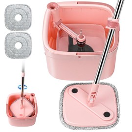 KZKR Spin Mop and Bucket System with Dual Compartment Mop Bucket and Thick Washable Microfiber Mop Pads - Color: Pink Mop+Bucket+2 Pads