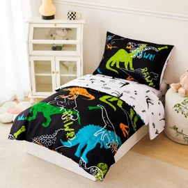 PERFEMET 4-Piece Boys Toddler Bedding Sets Cartoon Dinosaur Comforter Set for Girls Kids Soft Reversible Colorful Animal Bed Set for Toddler(Dinosaur, Toddler)