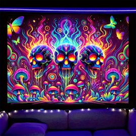 Nuxovilar UV Reactive Tapestry – Skull and Mushroom Scene Blacklight Wall Hanging, Dynamic Glow Art for Bedroom and Living Room Decor, 78.74"x59.05"