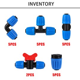Drip Irrigation Fittings for Hoses 1/2 Inch 16 mm (OD 0.620 in ID is 0.520 In), 5 T-Pieces, 5 Straight, 2 Switching Valves, 5 End Cap, 5 Elbows