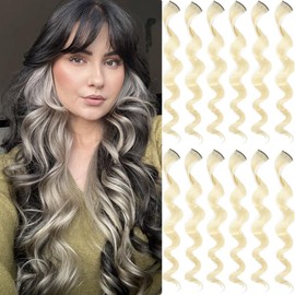 12 Pcs M-White hair Extensions 22 Inch Curly Wavy Colored Hair Colorful Clip in Extensions Highlight Party for Kids Girls and Women Gift (Curly，M-White,01)