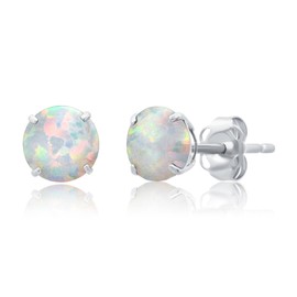MAX + STONE 14k Real White Gold Created Opal Round Stud Earrings for Women | 6mm October Birthstone