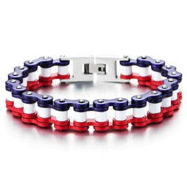 COOLSTEELANDBEYOND Men’s Stainless Steel Bike Chain Bracelet Red White and Blue Link Chain Patriotic Biker Style