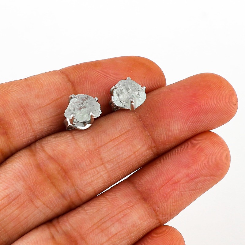 Natural Blue Aquamarine Studs Earring Pair for Women, Gemstone Crystal,