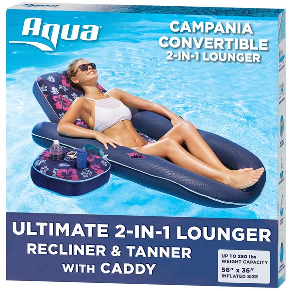 Aqua Campania Ultimate 2 in 1 Recliner & Tanner Pool Lounger with Adjustable Backrest and Caddy, Inflatable Pool Float, Navy Hibiscus (AQL14856AZ)