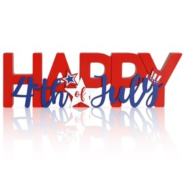 COCHIE Wooden Happy 4th of July Sign, Fourth of July Decorations for Home, Office, Shelf, Mantel, Indoor, Wood Patriotic Decor, Red Blue and White Table Top Centerpiece Party Decoration (Patriotic)