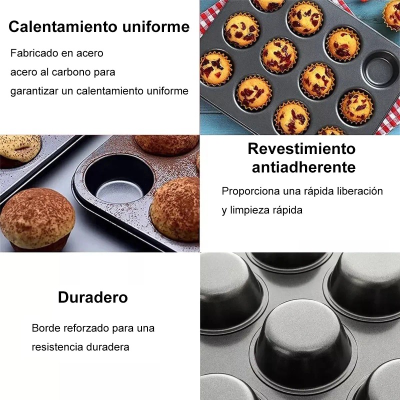 3 Moldes Charola 12 Cupcakes Acero Anti-adherente Repostería