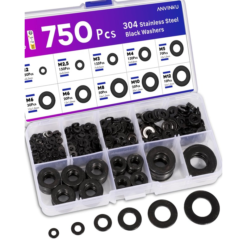 ANVINKU Stainless Steel Washers Assortment, 9 Sizes Washers Set M2