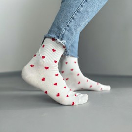 Heart Socks, Heart Motif, Heart Socks, Gift Socks for Her, One Size 36-43, 1 Pair, Heart Motif, Cotton Crew Socks, white-red