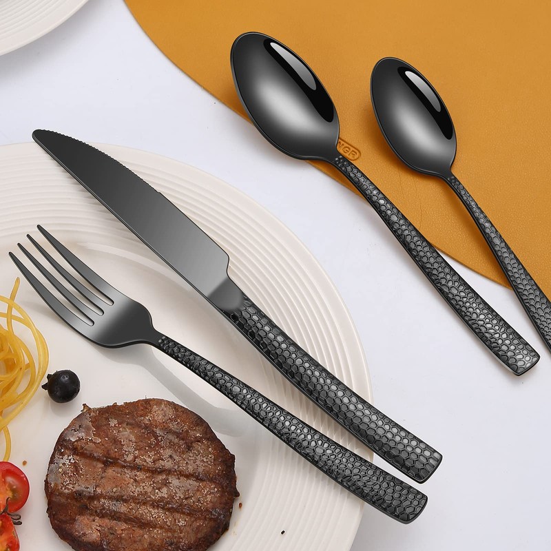 Remoxye 40-Piece Silverware Set, Black Hammered Stainless Steel Flatware Sets