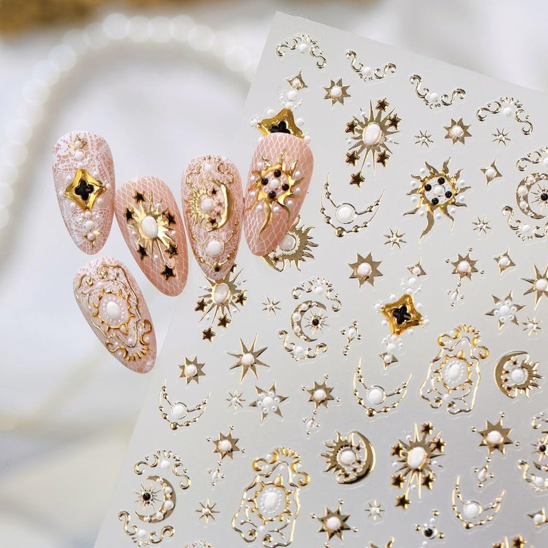 Gold Silver Star Moon Sun Nail Boho Baroque Celestial Nail