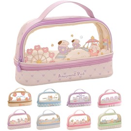 Bunny Pencil Pouch w/Handle Rabbit Kitten Bear Puppy Pen Case Cosmetic Bag Clear Case Transparent Waterproof (Amusement Park-Purple)