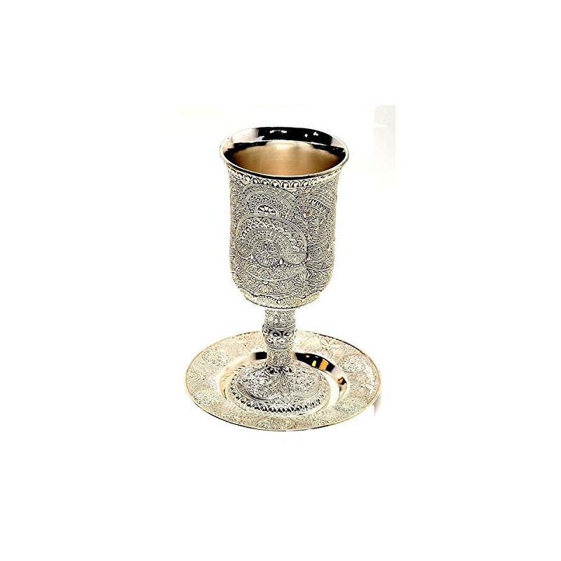 Silver Plated Shabbat Kiddush Filigree Wine Metal Cup with Base