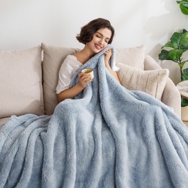 Berkshire Blanket Classic Extra-Fluffy™ Plush Throw Blanket, Soft Fuzzy Fluffy Long Hair Throw Blanket for Couch Sofa Bed, Blue Mist, 50x60 Inches