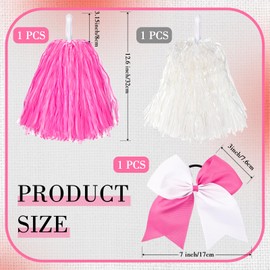 Hanaive 3 Pcs Plastic Cheerleading Pom Poms and Large Cheerleader Hair Bow Metallic Foil Cheer Supplies for Dance Squad Rooters Accessories(Pink White,Matte)