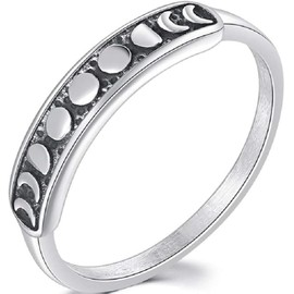 Retro Vintage Stainless Steel Moon Phase Shape Crescent Stacking Wedding Band Promise Ring (Antique Silver, 9)