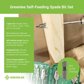 Greenlee 34AR-6 7-Piece Self-Feeding Spade Bit Set with 3/8" to 1" Spade Drill Bits, 1/4" Quick Change Adaptor, and Carrying Case, Spade Drill Bit Set for Wood