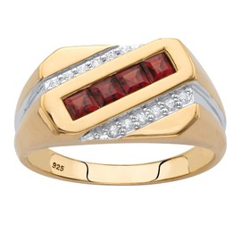 PalmBeach Men's Yellow Gold-plated Sterling Silver Square Genuine Red Garnet and Diamond Accent Diagonal Ring Sizes 8-13 Size 12
