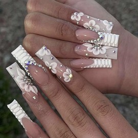 POKENGDA Coffin Acrylic Fake Nails Design,Nail glue included,Long Press on Nails,Reusable Acrylic Daily Shiny False Nail Kits for Women