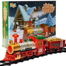 Play Moon Electric Train Set for Christmas Tree 39 PCS Deluxe Railway Train Tracks Set with Lights and Sounds for Christmas Decoration Train Car Engine and Accessories Toys for Boys and Girls
