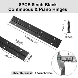 FVSEC 8 Pack 8 Inch Piano Hinge, Heavy Duty Continuous Hinge with Holes for Cabinets Boat Marine Door, 304 Stainless Steel 0.04" Leaf Thickness 1.2'' Open Width (Black)