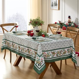 Newbridge Christmas Holly Pinecone Border Set of 4 Fabric Napkins, Holiday Hunter Green Border on White Background Fabric Napkins for Dinner Party and Banquet