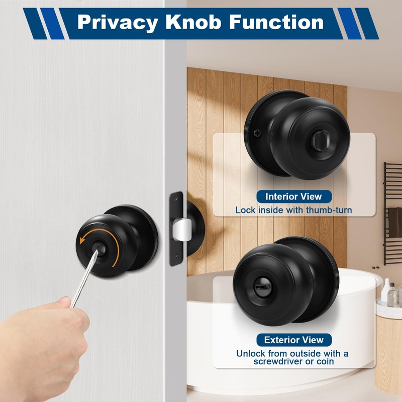 Estmoon 6 Pack Door Knobs, Matte Black Privacy Door Knob
