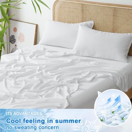 PHF Cooling Sheets Set King Size,4 PCS 85% Viscose from Bamboo and 15% Linen Breathable & Soft Bed Sheets,Deep Pocket Up to 16" Bedding Sheets,White