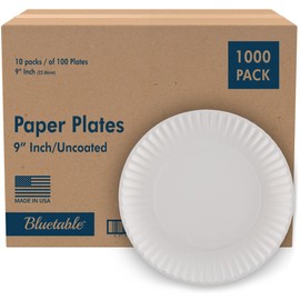 Bluetable 9 Inch Paper Plates Bulk – 1000 Count - Uncoated White 9” Dinner Plate Pizza Plate Decorative Craft Paper Plates Disposable Plates [1000 Pack/Case]