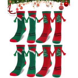 4 Pairs Christmas Funny Holding Hands Socks, Cute Magnetic Hand Holding Socks for Women Men, Crazy Holiday Socks Xmas Gifts with Christmas Print, Silly Novelty Socks for Couple, Family, Friends