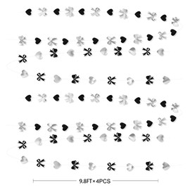 Bow Decorations Siver Black Metallic Glitter Paper Bow Heart Hanging Garland Streamer for Coquette Birthday Valentines Bachelorette Wedding Bridal Shower Anniversary Hen Party Decorations Supplies