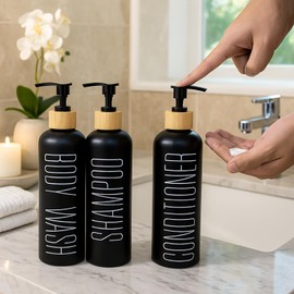3-Pack 16oz Refillable Glass Shower Dispenser Set with Bamboo Pump, Tray, and Funnel for Shampoo, Conditioner, and Body Wash – Perfect for Bathroom and Guest Rooms (Black)