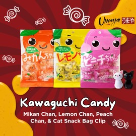 UMAYA - Kawaguchi Fruit Candies - Japanese Fruit-Flavored Hard Candy 3 Pack Bundle With A Cute Cat Snack Bag Clip - Includes One 9oz (100g) Pack Of Each Flavor - Lemon Chan, Peach Chan, Mikan Chan