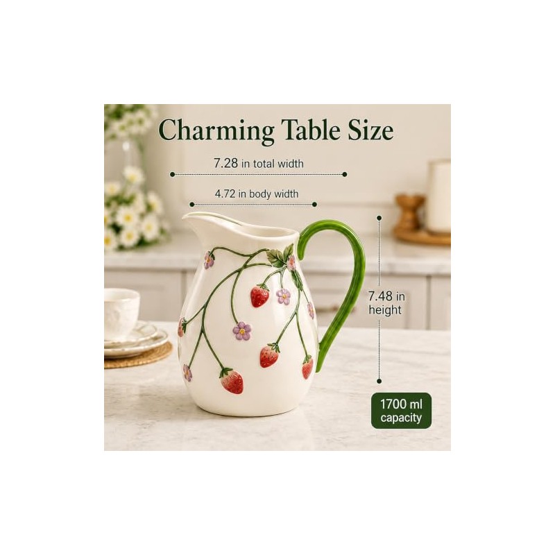 White Strawberry Pitcher Vase Ceramic Jug with Handle | Home