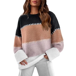 Women's Long Sleeve Crewneck Color Block Oversized Ribbed Knit Pullover Sweater Tops XL