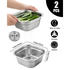 Stainless Steel Colander, Rice Cleaner Strainer Stainless Steel Mixing Bowls Rice Wash Bowl, Vegetable Washing Colander For Washing Vegetables, Fruit, Rices (2pc) (9.8 x 9.8 x 3.9 inches)