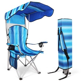 VTOY Portable Camping Chair with Canopy - Folding Chair with Canopy, Durable 600D Oxford Canopy Chair for Camping, Beach, Picnics, Fishing & Sports (1 Pack Stripe Blue)