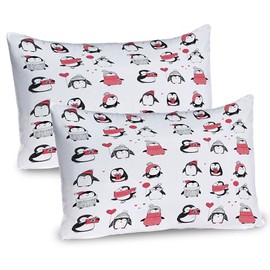 Ambesonne Winter Pillow Sham Set of 2, Penguins Hand Drawn Merry Christmas Greetings, Quality Microfiber Bedding Item for All Seasons, 30" x 20", White Pink
