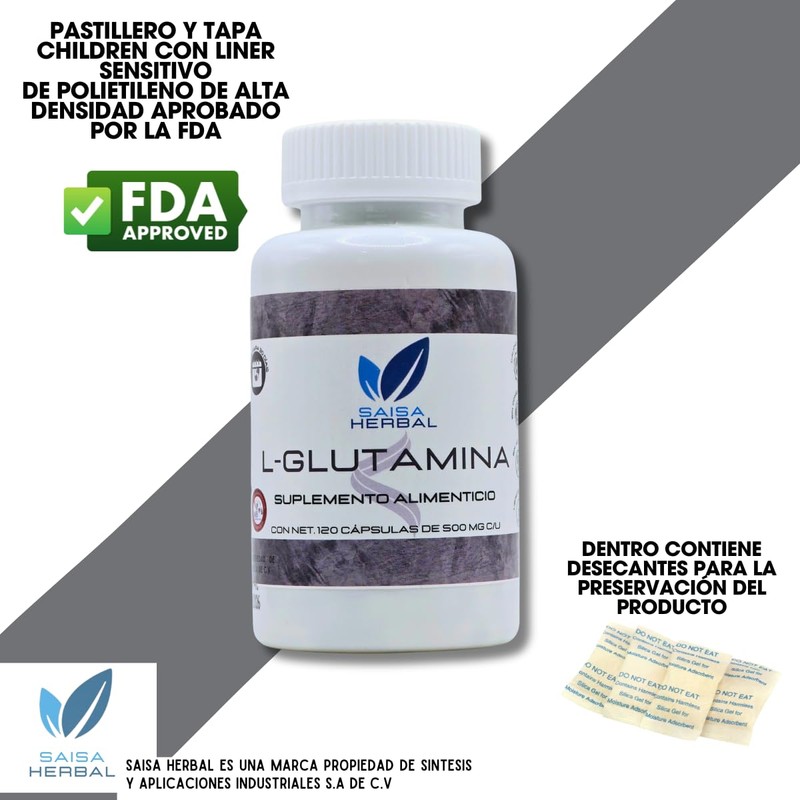 L-Glutamina 100% Puro 120 cápsulas con 500 mg c/u. Calidad