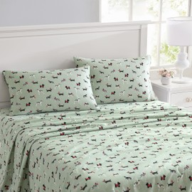 Laura Ashley - Full Sheet Set, Cotton Flannel Bedding, Brushed for Extra Softness & Comfort (Holiday Pups Green, Full)